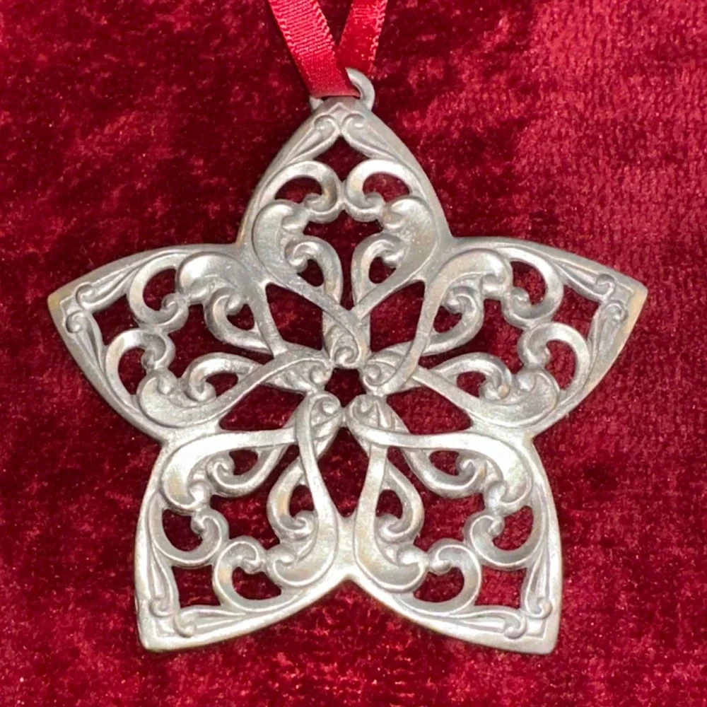 Silver Tone Filigree Star Christmas Ornament Red Ribbon Scrollwork Holiday Decor